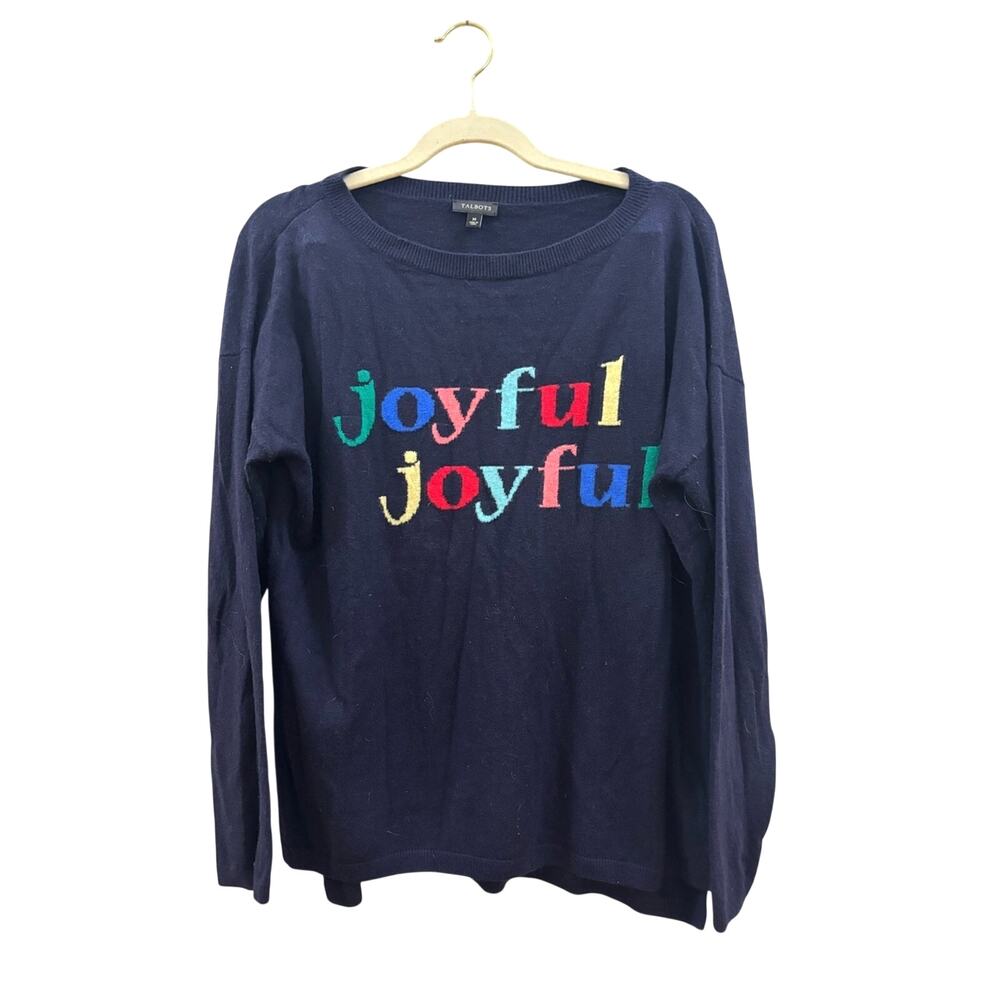 Talbots Navy Sweater with Multicolor "joyful" Embroidery